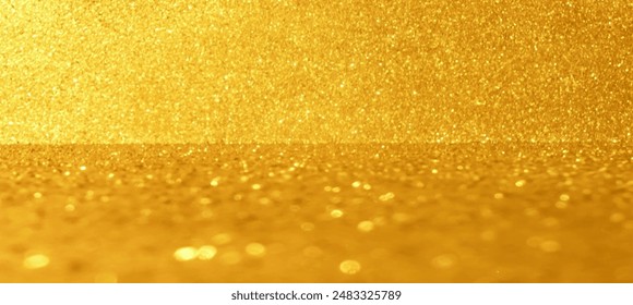 Gold glitter Christmas background. Luxurious sparkling backdrop for festive occasions like wedding, birthday, award ceremony. Elegant luxury golden banner. Premium shiny backdrop. Yellow shimmer bg