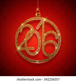 Gold glitter Christmas ball 2016 design, New Year greeting card, postcard, vector illustration
