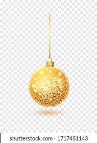 Gold Glitter Christmas Ball Hanging. Christmas Bauble Decoration Elements. Object Isolated A Background With Transparency Effect.