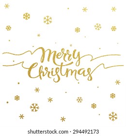 Gold glitter Christmas lettering design. Merry Christmas greeting card with golden glittering snowflakes pattern decoration. 