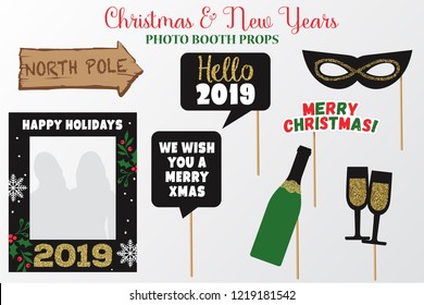 Gold glitter Christmas and New Year Photo Booth Props, Party printable speech bubble, we wish you a marry xmas, mask, champagne and glasses, north pole, happy holidays frame, deer, hello 2019 sign. 