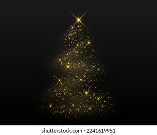 gold glitter christmas pine shape on dark background. happy new year and merry christmas decoration. golden light shiny tree. vector illustration bright design.