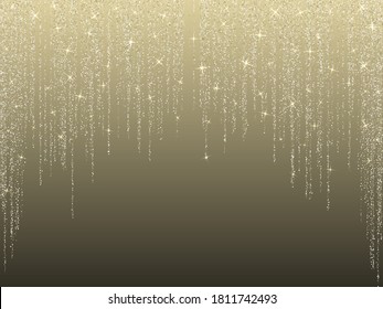 Las guirnaldas de las cortinas de lluvia de oro brillan navidad. Luces de bokeh. Fiestas X-mas decoración de ciudad al aire libre. El brillo de oro festivo desgarra las guirnaldas de puntos. Brillo negro de viernes. Diseño de vacaciones de año nuevo.