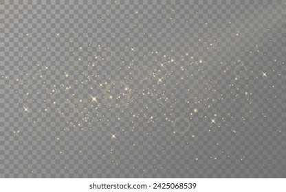 Gold glitter. Christmas shining dust. Magic golden sparks and light. Bright stars with particles. Shiny firework with bokeh effect. Stardust decoration. Vector illustration.