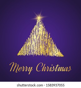 Gold glitter Christmas tree in sketch style on purple background. Happy new year card design. Vector illustration.