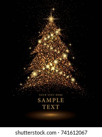 Gold Glitter Christmas tree Vector on Black Background, Festive new year design, Golden explosion of confetti. 