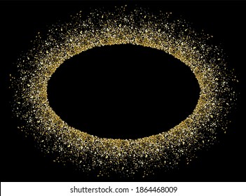 Marco de círculo de brillo dorado con espacio de copia. Plantilla de fondo vectorial de vacaciones.   Redondo reluciente fondo dorado con polvo y chispas. Borde de anillo mágico vacío con navidad confetti.