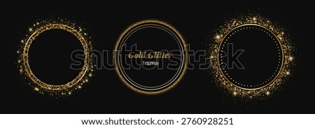 Gold glitter circle frames set. Three round borders with sparkling dust particles, star flares on black backdrop. Dotted trim, shimmering ring design. Luxury invitation, festive card. Vector.