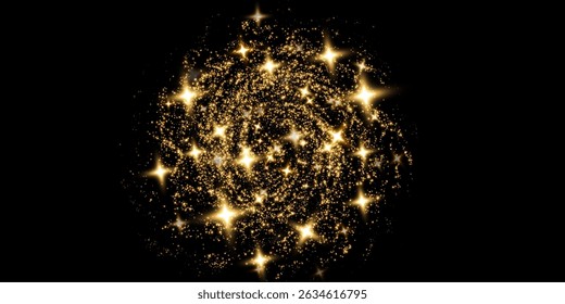 Gold glitter circle with glittering dust and shimmery particles. Realistic shiny ring or swirl, round frame of flare trail with isolated. Christmas shooting star trail