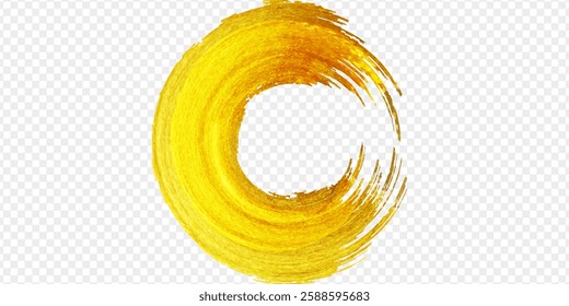 Gold glitter circle with vector golden paint brush texture on vector transparent background. Round paint smear or rough ring stamp for premium festive card or poster design