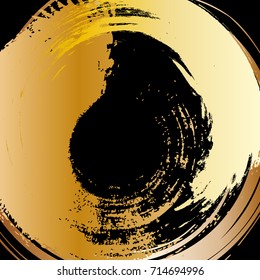 Gold glitter circle with vector golden paint brush texture on black background. EPS10 vector illustration for round paint smear or rough ring stamp. Design for premium festive card or poster design.