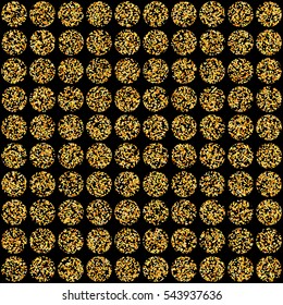 Gold glitter circles and black background, glance glow backdrop, vector seamless pattern, used for vip, exclusive certificate, gift cards, shop voucher, Christmas present labels