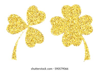 Gold glitter clover leaves vector illustration isolated over white. St. Patrick's day objects.