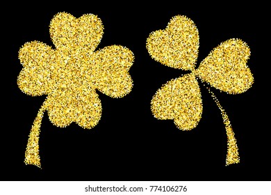 Gold glitter clover leaves vector illustration isolated over black. St. Patrick's day objects.