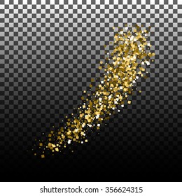 Gold glitter comet falling. Shimmer confetti splash motion. Stardust tail stroke transparent background vector.