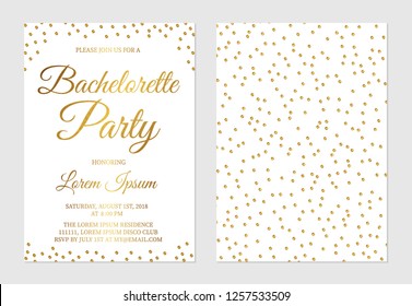 Gold glitter confetti bachelorette party invitation card front and back side. Golden polka dots bridal shower invite. Wedding stationery. Vector illustration. Easy to edit template.