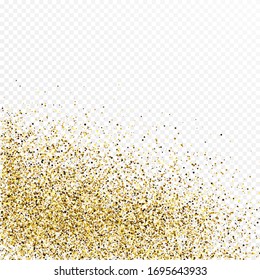 Gold glitter confetti backdrop isolated on white transparent background. Celebratory texture with shining light effect. Vector illustration.
