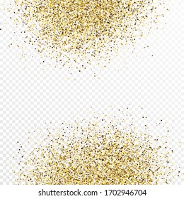 Gold glitter confetti backdrop isolated on white transparent background. Celebratory texture with shining light effect. Vector illustration.