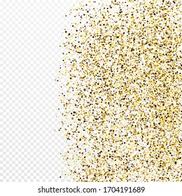 Gold glitter confetti backdrop isolated on white transparent background. Celebratory texture with shining light effect. Vector illustration.