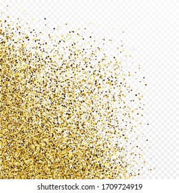Gold glitter confetti backdrop isolated on white transparent background. Celebratory texture with shining light effect. Vector illustration.