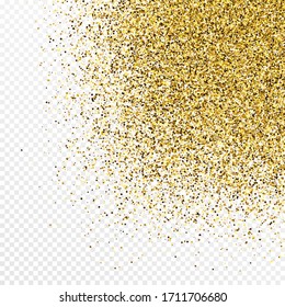 Gold glitter confetti backdrop isolated on white transparent background. Celebratory texture with shining light effect. Vector illustration.