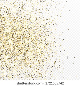 Gold glitter confetti backdrop isolated on white transparent background. Celebratory texture with shining light effect. Vector illustration.