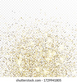 Gold glitter confetti backdrop isolated on white transparent background. Celebratory texture with shining light effect. Vector illustration.