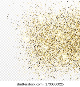 Fondo de confeti dorado aislado sobre fondo transparente blanco. Textura de celebración con efecto luminoso brillante. Ilustración vectorial.