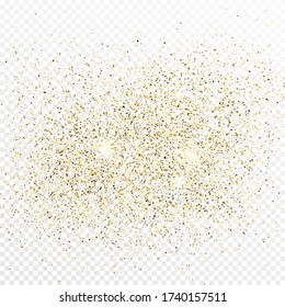 Gold glitter confetti backdrop isolated on white transparent background. Celebratory texture with shining light effect. Vector illustration.