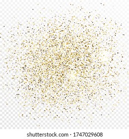Gold glitter confetti backdrop isolated on white transparent background. Celebratory texture with shining light effect. Vector illustration.