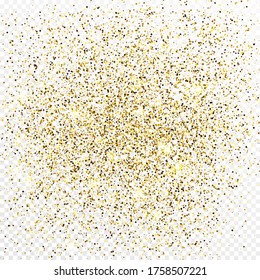 Gold glitter confetti backdrop isolated on white transparent background. Celebratory texture with shining light effect. Vector illustration.