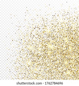 Fondo de confeti dorado aislado sobre fondo transparente blanco. Textura de celebración con efecto luminoso brillante. Ilustración vectorial.