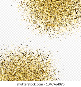 Gold glitter confetti backdrop isolated on white transparent background. Celebratory texture with shining light effect. Vector illustration.