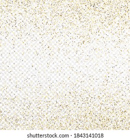 Gold glitter confetti backdrop isolated on white transparent background. Celebratory texture with shining light effect. Vector illustration.