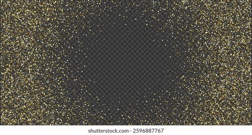 Gold glitter confetti background. Golden glittering dust on transparent background with copy space. Festive holiday shiny luxury backdrop. Abstract vector illustration.