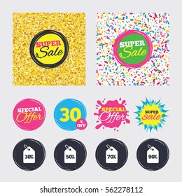 Gold glitter and confetti backgrounds. Covers, posters and flyers design. Sale price tag icons. Discount special offer symbols. 30%, 50%, 70% and 90% percent discount signs. Sale banners. Vector