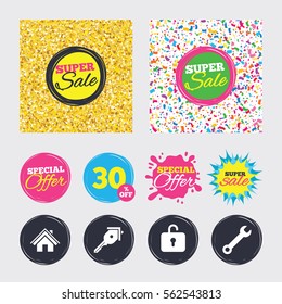 Gold glitter and confetti backgrounds. Covers, posters and flyers design. Home key icon. Wrench service tool symbol. Locker sign. Main page web navigation. Sale banners. Special offer splash. Vector