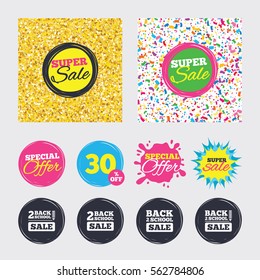 Gold glitter and confetti backgrounds. Covers, posters and flyers design. Back to school sale icons. Studies after the holidays signs. Pencil symbol. Sale banners. Special offer splash. Vector