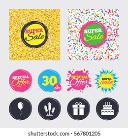 Gold glitter and confetti backgrounds. Covers, posters and flyers design. Birthday party icons. Cake and gift box signs. Air balloons and fireworks rockets symbol. Sale banners. Special offer splash