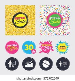 Gold glitter and confetti backgrounds. Covers, posters and flyers design. Diagram graph Pie chart icon. Presentation billboard symbol. Man standing with pointer sign. Sale banners. Vector