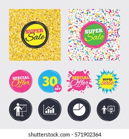 Gold glitter and confetti backgrounds. Covers, posters and flyers design. Diagram graph Pie chart icon. Presentation billboard symbol. Supply and demand. Man standing with pointer. Sale banners