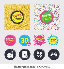 Gold glitter and confetti backgrounds. Covers, posters and flyers design. Bowling and Casino icons. Video game joystick and playing card with puzzles pieces symbols. Entertainment signs. Sale banners