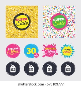 Gold glitter and confetti backgrounds. Covers, posters and flyers design. Sale price tag icons. Discount special offer symbols. 30%, 50%, 70% and 90% percent sale signs. Sale banners. Vector