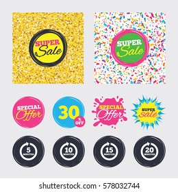 Gold glitter and confetti backgrounds. Covers, posters and flyers design. Every 5, 10, 15 and 20 minutes icons. Full rotation arrow symbols. Iterative process signs. Sale banners. Special offer splash