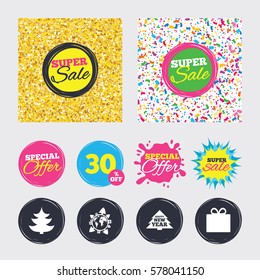 Gold glitter and confetti backgrounds. Covers, posters and flyers design. Happy new year icon. Christmas trees and gift box signs. World globe symbol. Sale banners. Special offer splash. Vector