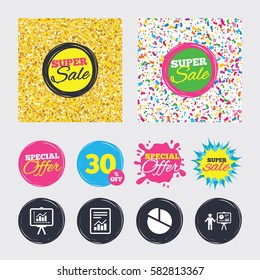 Gold glitter and confetti backgrounds. Covers, posters and flyers design. File document with diagram. Pie chart icon. Presentation billboard symbol. Supply and demand. Sale banners. Vector