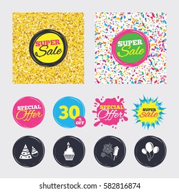 Gold glitter and confetti backgrounds. Covers, posters and flyers design. Birthday party icons. Cake, balloon, hat and muffin signs. Fireworks with rocket symbol. Cupcake with candle. Sale banners