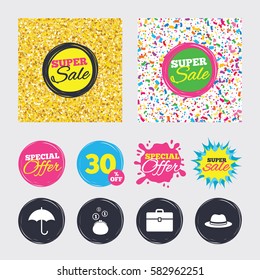 Gold glitter and confetti backgrounds. Covers, posters and flyers design. Clothing accessories icons. Umbrella and headdress hat signs. Wallet with cash coins, business case symbols. Sale banners