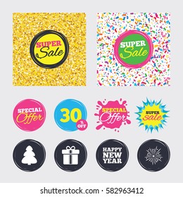 Gold glitter and confetti backgrounds. Covers, posters and flyers design. Happy new year icon. Christmas tree and gift box signs. Fireworks explosive symbol. Sale banners. Special offer splash. Vector