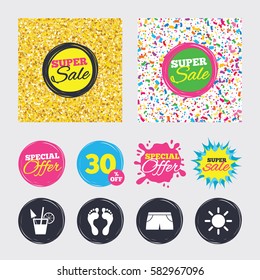 Gold glitter and confetti backgrounds. Covers, posters and flyers design. Beach holidays icons. Cocktail, human footprints and swimming trunks signs. Summer sun symbol. Sale banners. Vector